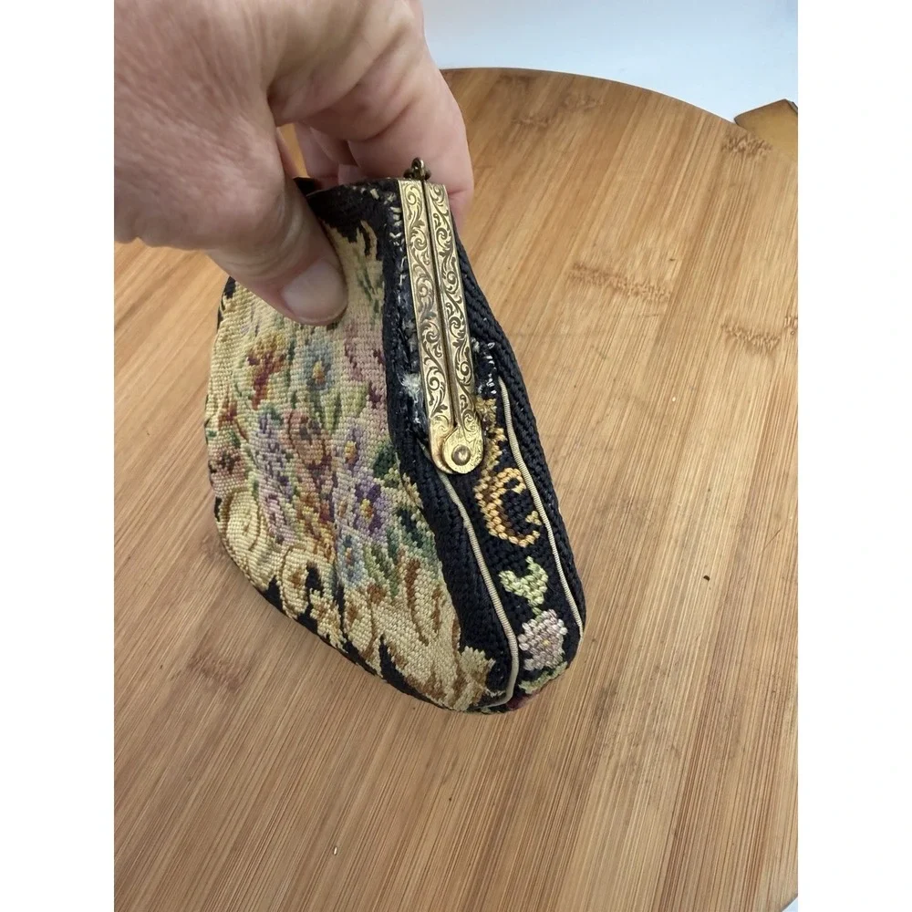 Victorian Style Floral Embroidered Tapestry Evening Bag with Brass Chain & Clasp
